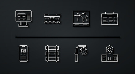 Poster - Set line Ticket office to buy tickets, E-ticket train, Train station board, clock, Railway, railroad track, Cargo wagon, and map icon. Vector