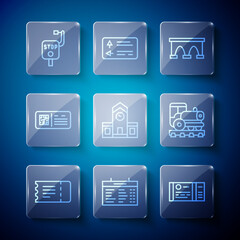 Poster - Set line Train ticket, station board, Bridge for train, Railway, QR code, Emergency brake and Vintage locomotive icon. Vector