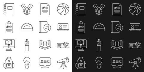 Poster - Set line Telescope, Movie, film, media projector, Online class, Exam sheet with A plus grade, Protractor grid, Spiral notebook and Audio icon. Vector