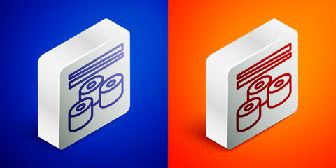 Sticker - Isometric line Sushi icon isolated on blue and orange background. Traditional Japanese food. Silver square button. Vector