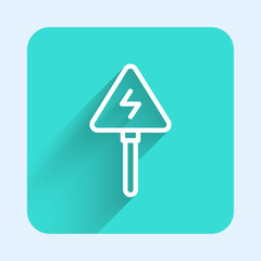 Sticker - White line High voltage sign icon isolated with long shadow background. Danger symbol. Arrow in triangle. Warning icon. Green square button. Vector