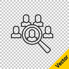 Black line Magnifying glass for search job icon isolated on transparent background. Recruitment or selection concept. Search for employees and job. Vector