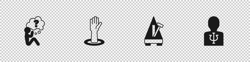 Sticker - Set Head with question mark, Helping hand, Metronome pendulum and Psychology, Psi icon. Vector