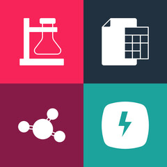 Poster - Set pop art Lightning bolt, Molecule, Calculator and Test tube flask on stand icon. Vector