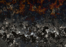 Grunge Black White And Grey Texture With Copy Space For Text, Spilled Rusty Stains On Monochrome Background With Copper Orange Grunge Top Parts. Black With Dots Grunge Swoosh Smudge Dusty Shape	
