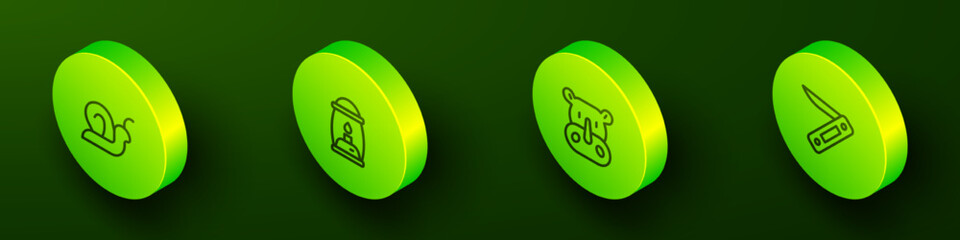 Sticker - Set Isometric line Snail, Camping lantern, Rhinoceros and Swiss army knife icon. Vector