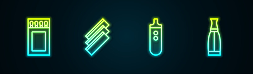 Wall Mural - Set line Matchbox and matches, Cigarette rolling papers, Electronic cigarette and Vape liquid bottle. Glowing neon icon. Vector