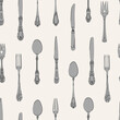 Fancy silver Cutlery set with table knife, spoon, fork, fish spoon. Various shapes. Vintage style. Restaurant, food concept. Hand drawn Vector illustration. Square seamless Pattern