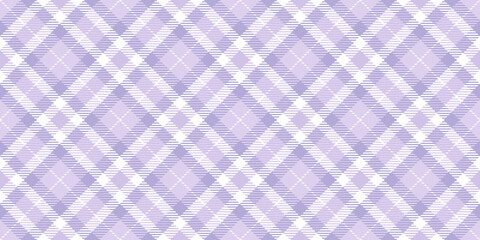 Seamless diagonal plaid tartan surface pattern in Digital Lavender color of the year for 2023. Contemporary light purple plaid fashion textile. Trendy violet gingham tablecloth or apparel background.