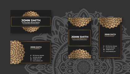 Luxury black business card with golden mandala decoration designs, Bright floral ornamental elements