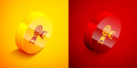 Poster - Isometric Medal icon isolated on orange and red background. Winner symbol. Circle button. Vector