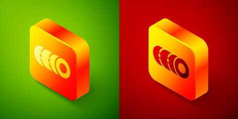 Poster - Isometric Blanket roll icon isolated on green and red background. Camping roll mat. Square button. Vector