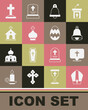 Set Pope hat, Location church building, Church bell, Christian tower, Grave with cross and Easter egg icon. Vector