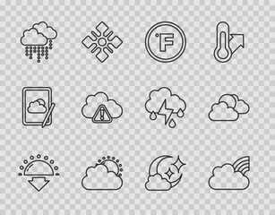 Sticker - Set line Sunset, Rainbow with clouds, Fahrenheit, and weather, Cloud rain, Storm warning, moon and icon. Vector