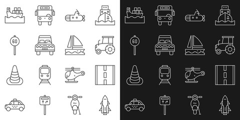 Canvas Print - Set line Rocket ship with fire, Road, Tractor, Submarine, Car, Speed limit traffic, Cargo boxes and Yacht sailboat icon. Vector