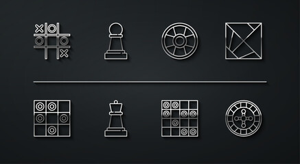 Sticker - Set line Tic tac toe game, Board of checkers, Rubik cube, Chess, Casino roulette wheel and chip icon. Vector