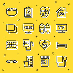 Poster - Set line Blood pressure, Bed, Smart Tv, Slippers, Nursing home, Pillow, Eyeglasses and icon. Vector