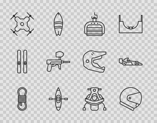 Sticker - Set line Climber rope, Helmet, Ski lift, Kayak or canoe, Drone flying, Paintball gun, Snowmobile and Formula 1 racing car icon. Vector