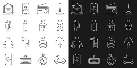 Canvas Print - Set line Smart car system, Cloud upload, Web camera, Radio, Mobile with wi-fi wireless, Usb adapter, Network cloud connection and home icon. Vector