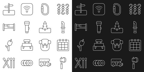 Sticker - Set line Wooden axe, Calendar, Knife, Carabiner, Flashlight, Bed, Road traffic sign and Tree icon. Vector