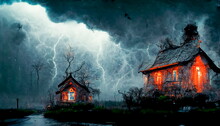 Spooky House Spirits Skulls Bats Rain Colorful Lightning. Digital Art And Concept Digital Illustration.