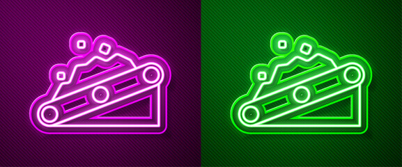 Sticker - Glowing neon line Conveyor belt carrying coal icon isolated on purple and green background. Vector