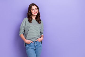 Poster - Photo of successful millennial pretty girl wear striped pullover looking minded future vacancy job empty space isolated on violet color background