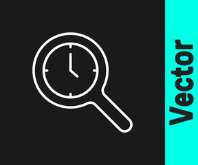 Sticker - White line Magnifying glass with clock icon isolated on black background. Clock search. Vector