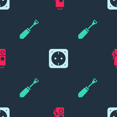 Sticker - Set Battery charge, Electrical outlet and Screwdriver on seamless pattern. Vector