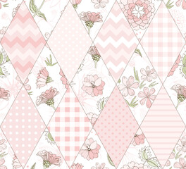 Wall Mural - Patchwork seamless pattern with floral and geometric ornaments in pastel pink colors. Cute quilt design.