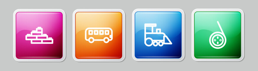 Sticker - Set line Toy building block bricks, Bus toy, train and Yoyo. Colorful square button. Vector