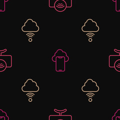 Canvas Print - Set line Smart Tv system, Network cloud connection and Cloud technology data on seamless pattern. Vector