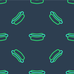 Sticker - Line Hotdog sandwich icon isolated seamless pattern on blue background. Sausage icon. Fast food sign. Vector