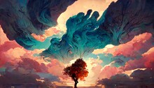 AI-generated Digital Art Of A Tree With Thick Colorful Clouds