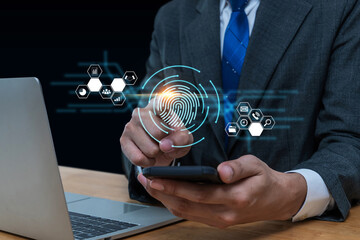 Wall Mural - business man in suit hand touching virtual screen fingerprint on mobile phone with global media link connecting on dark background, internet network security, investment and digital technology concept