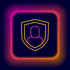 Wall Mural - Glowing neon line User protection icon isolated on black background. Secure user login, password protected, personal data protection, authentication. Colorful outline concept. Vector