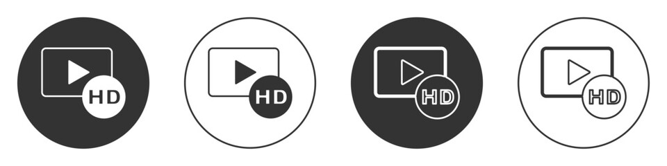 Sticker - Black Hd movie, tape, frame icon isolated on white background. Circle button. Vector