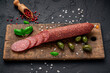 Salami. Dried organic salami sausage or spanish chorizo