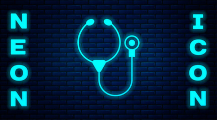 Canvas Print - Glowing neon Stethoscope medical instrument icon isolated on brick wall background. Vector