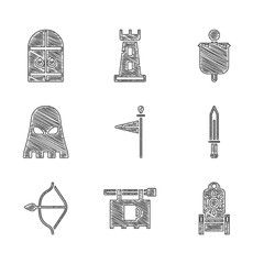 Poster - Set Medieval flag, Street signboard with Bar, throne, sword, bow and arrow, Executioner mask, and castle gate icon. Vector