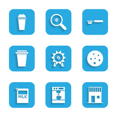 Sticker - Set Medal for coffee, Coffee machine, shop, Cookie biscuit, Paper package milk, cup to go, filter holder and Milkshake icon. Vector