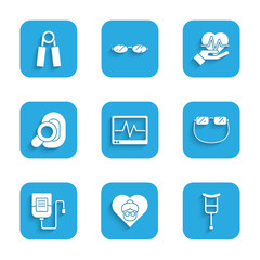 Poster - Set Monitor with cardiogram, Grandmother, Crutch crutches, Eyeglasses, IV bag, Hearing aid, Heart rate and Sport expander icon. Vector