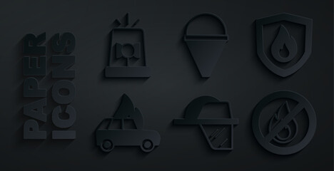 Set Firefighter helmet, protection shield, Burning car, No fire, cone bucket and Flasher siren icon. Vector