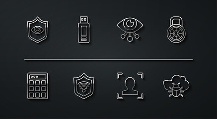 Sticker - Set line Shield and eye, Password protection, Safe combination lock, Face recognition, with WiFi wireless, USB flash drive, System bug cloud and Eye scan icon. Vector