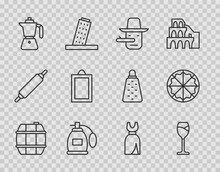 Set Line Barrel For Wine, Wine Glass, Pinocchio, Perfume, Coffee Moca Pot, Picture, Woman Dress And Pizza Icon. Vector