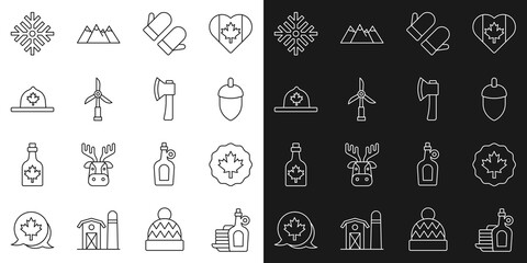 Sticker - Set line Syrup with pancakes, Canadian maple leaf, Acorn, Christmas mitten, Wind turbine, ranger hat, Snowflake and Wooden axe icon. Vector