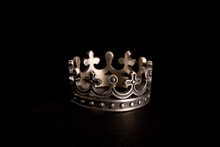 Crown Shaped Ring Made Of Solid Sterling Silver With Cross On It. Jewelry For Brutal Men On Black Background 