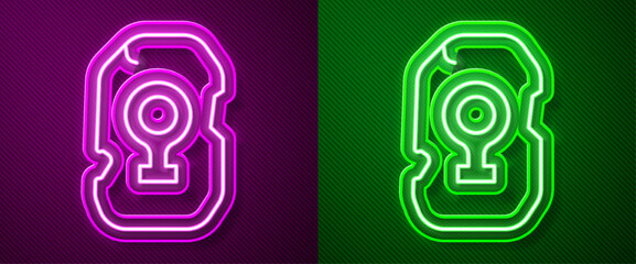 Wall Mural - Glowing neon line Magic rune icon isolated on purple and green background. Rune stone. Vector