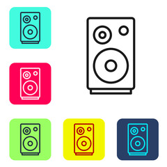 Poster - Black line Stereo speaker icon isolated on white background. Sound system speakers. Music icon. Musical column speaker bass equipment. Set icons in color square buttons. Vector