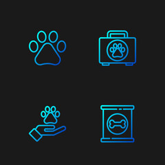 Wall Mural - Set line Canned food, Hands with animals footprint, Paw and Pet first aid kit. Gradient color icons. Vector